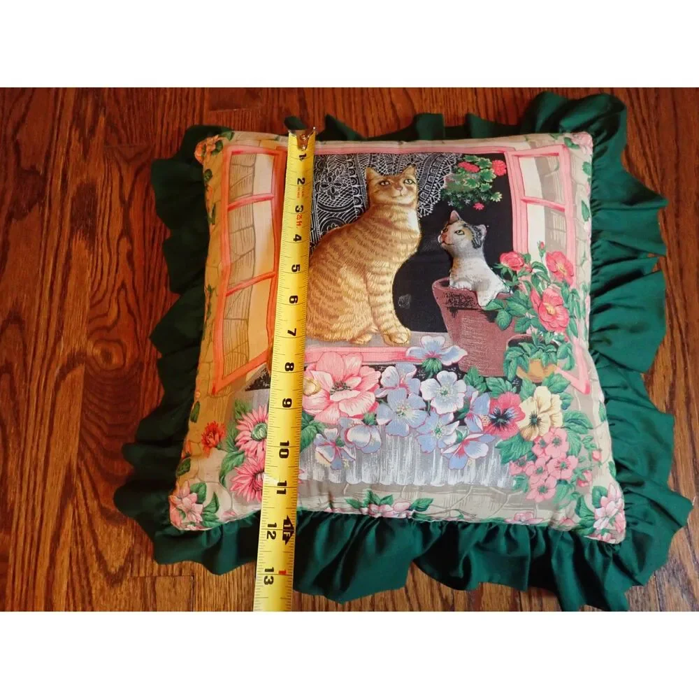 Vintage Green Cat Lady Pillow Mom & Offspring Floral Botanical Cabincore Ruffles